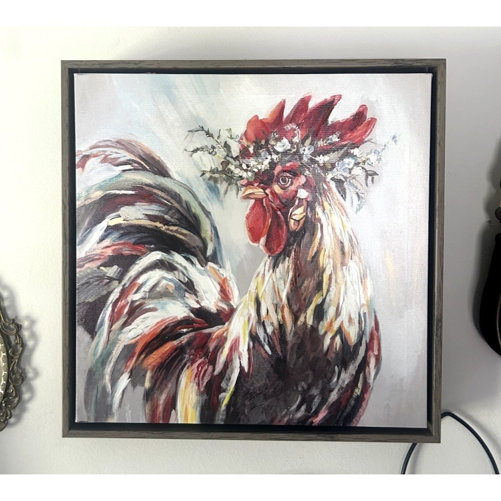 Framed Rooster Wall Art Farmhouse Country Decor Brown Box Frame 13x13 - Picture 1 of 5
